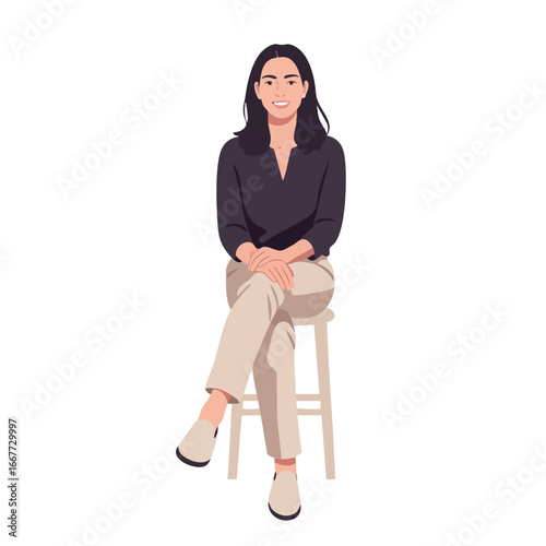 Woman sitting on stool with crossed legs wearing black top and beige pants vector illustration 