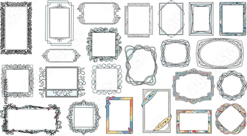 A collection of decorative frames in various shapes and styles displayed on a light blue background
