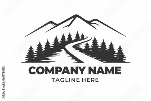 Mountain Peaks Trees with Path Landscape on White Background