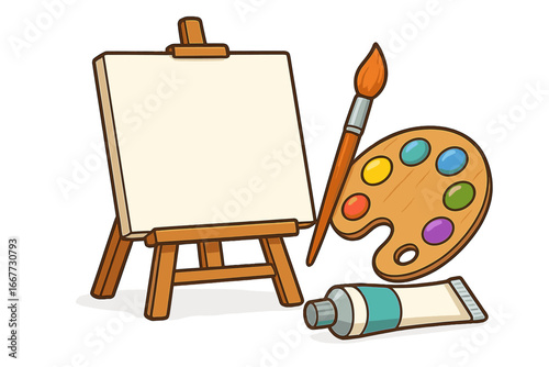 Art supplies for painting. Artist tools set with easel, blank canvas, palette, paintbrush, and paint tube. Creative hobby concept. Art school, class, or workshop. Vector cartoon illustration.