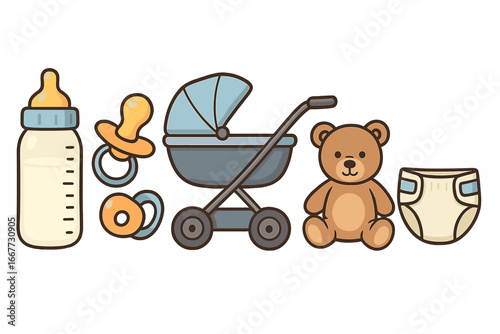 Baby essentials vector icon set. Newborn collection with bottle, pacifier, stroller, teddy bear, and diaper. Cute cartoon illustration for baby shower or nursery design.