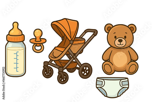 Baby essentials vector icon set. Newborn care collection with bottle, pacifier, stroller, teddy bear, diaper. Flat cartoon illustration for new parents or baby shower.
