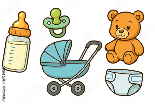 Set of cute baby shower essentials. Vector cartoon icon collection with bottle, pacifier, stroller, teddy bear, and diaper. Newborn infant care graphic design elements.