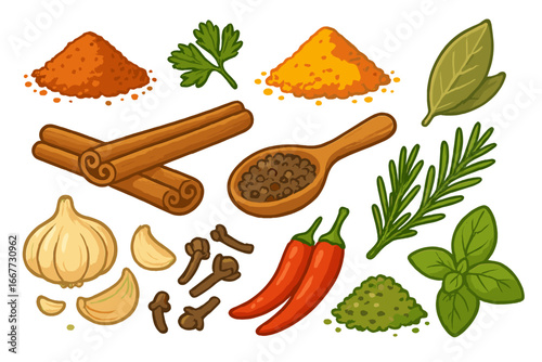Big vector set of spices and herbs. Cartoon illustration of culinary ingredients for cooking. Cinnamon, garlic, chili pepper, cloves, rosemary, basil, bay leaf, powder.