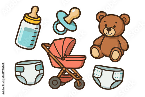 Baby care essentials collection. Cute cartoon vector icons set with feeding bottle, pacifier, stroller, teddy bear, and diaper. Flat design illustration for newborn baby shower.