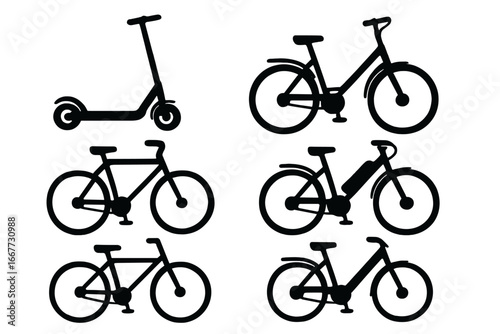 Set of urban transport icons. Electric scooter and bicycle silhouettes. E-bike and bike sharing vector graphic collection. Eco-friendly city micromobility concept illustration.
