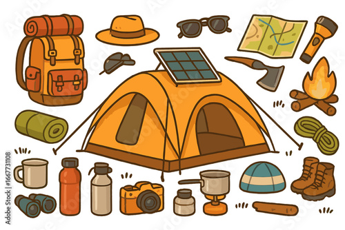 Camping gear set for outdoor adventure. Vector illustration of hiking equipment. Tent with solar panel, backpack, map, campfire, boots. Summer travel and survival icons.