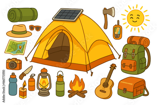 Camping gear and hiking equipment set for outdoor adventure. Vector cartoon collection of summer travel items like a solar tent, backpack, campfire, and guitar for trekking.
