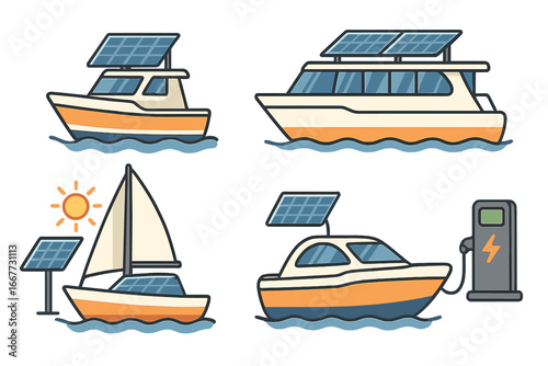 Electric boat and yacht with solar panels. Renewable energy for sustainable water travel. Eco-friendly ship with battery charging station. Vector cartoon illustration set.