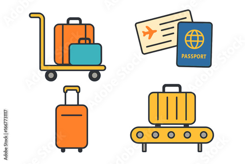Airport travel icon set. Luggage, suitcase on conveyor belt, baggage cart, passport, and boarding pass. Vector illustration for tourism, vacation, flight, and transport concepts.