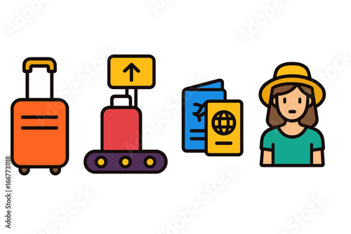Airport travel and tourism icon set. Luggage on baggage conveyor belt, passport, flight ticket, and woman tourist. Flat vector cartoon illustration for vacation or journey.