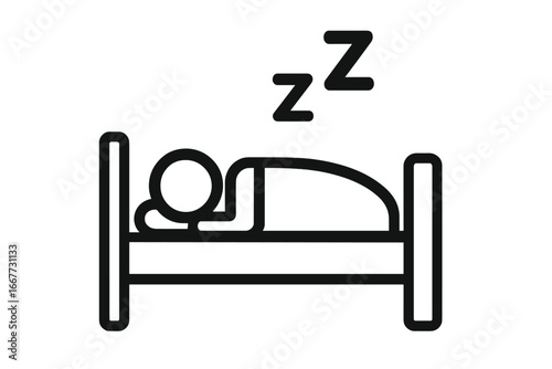 Sleeping person in bed icon. Simple line art symbol for rest, relaxation, and bedtime. Vector illustration of a human dreaming, zzz sign for hotel, hostel or bedroom.
