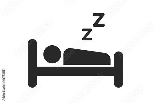 Bed with sleeping human icon. ZZZ sleep and rest sign. Vector illustration for accommodation, hotel, or motel. Person relaxing in a bedroom. Nap time and dream symbol.