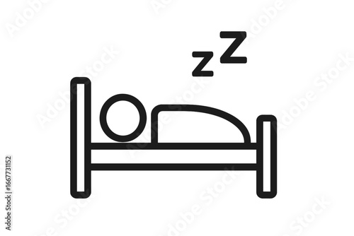 Bed with sleeping person icon. ZZZ sleep and rest sign. Simple line vector illustration for bedtime, relaxation, insomnia, hotel, accommodation, dream and night time concept pictogram.