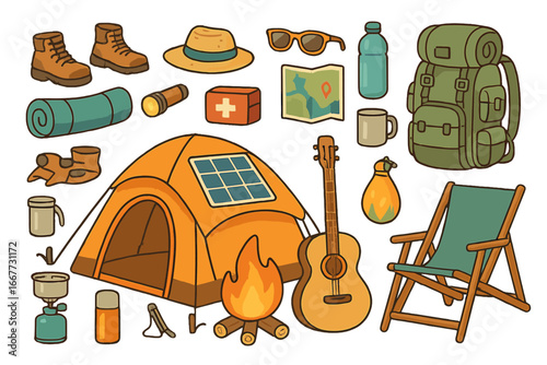 Camping gear and hiking equipment set for outdoor adventure. Vector cartoon collection with solar tent, backpack, campfire, and travel items for summer vacation exploration.