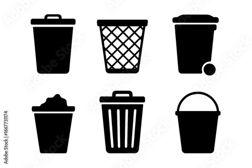 Bin silhouette icon set. Trash, garbage, waste icons collection. Dustbin, bucket, and container symbols. Rubbish disposal vector illustration for web and mobile design.