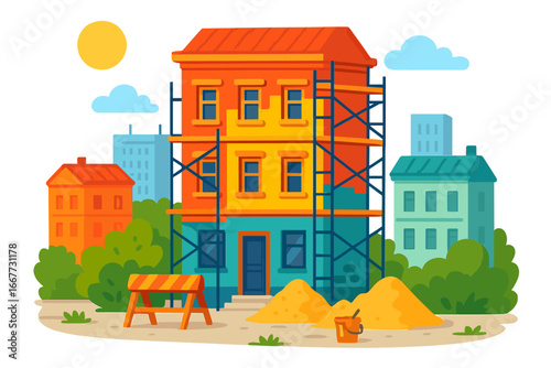 Building renovation process with scaffolding. House facade repair and exterior painting. Construction site in a city. Urban renewal and home improvement concept vector illustration.
