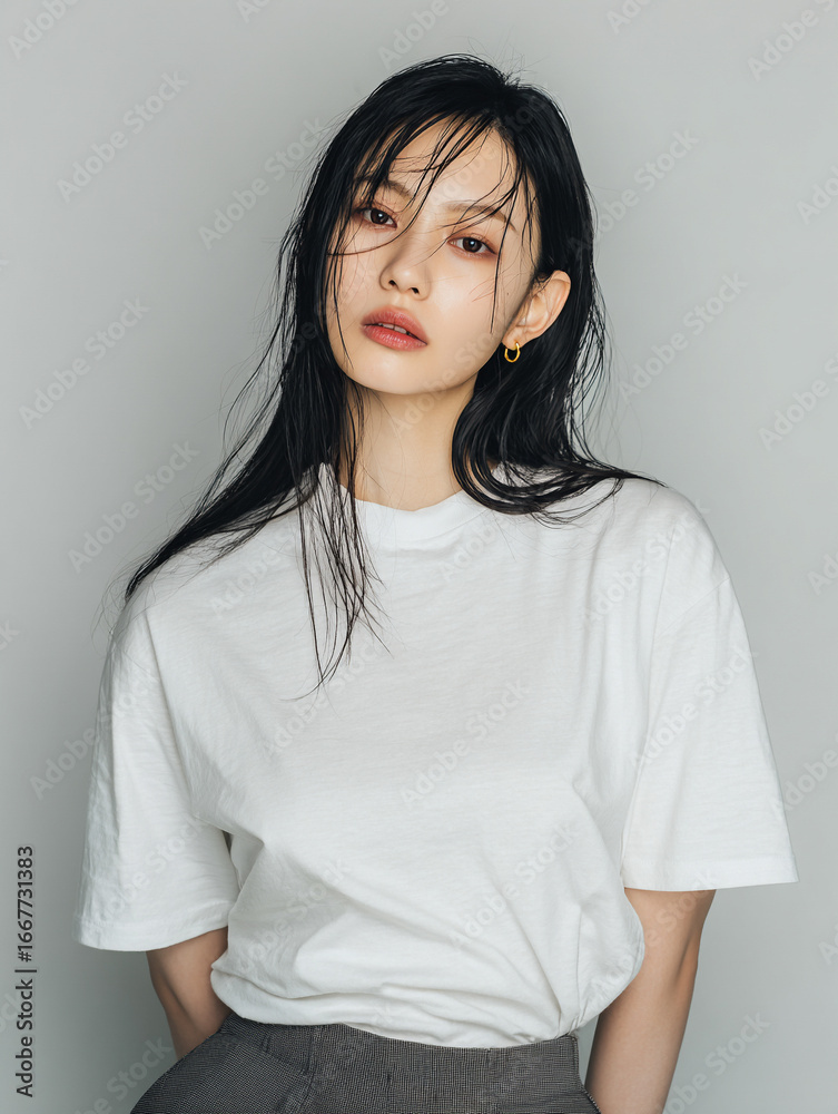 Obraz premium A beautiful female model wearing a white t-shirt. A product shot for fashion and apparel. best use for mockup.