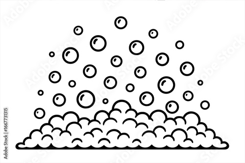 Soap foam with bubbles vector line art illustration. Suds and lather for cleaning, washing, or hygiene concept. Black and white fizzy pop effect on transparent background.