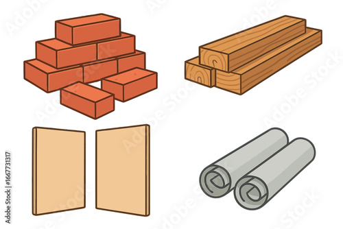 Set of cartoon construction materials. Vector icon collection with bricks, wooden planks, lumber, drywall panels, and roofing rolls for building and renovation projects.