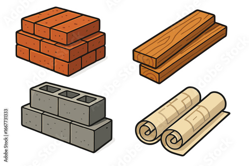 Set of isometric building materials. Construction icons including red bricks, wooden planks, concrete blocks, and rolled blueprints. Vector illustration for architecture.