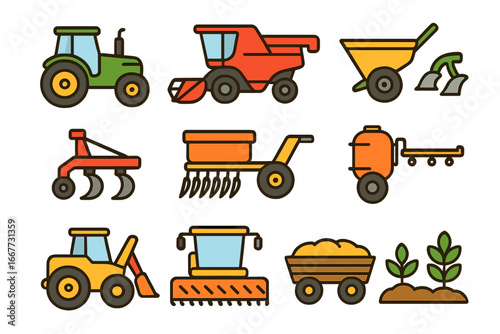 Agricultural vehicle and equipment icon set. Farming machinery tractor, combine harvester, plow, seeder. Farmland cultivation, harvest cartoon vector illustration collection.