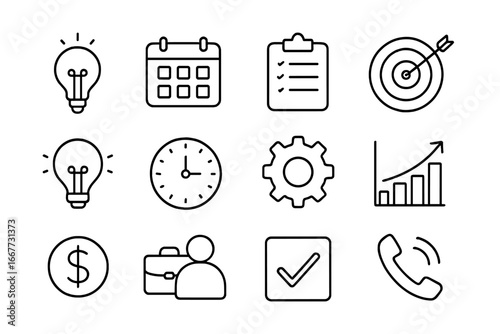 Business line icon set for productivity and planning. Office management, corporate strategy, financial growth symbols. Vector outline icons for time management, goals, and ideas.