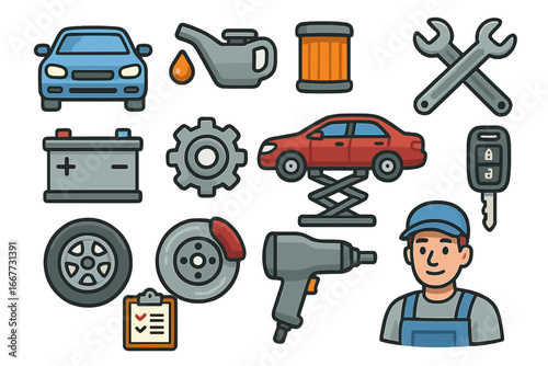 Car service and auto repair icon set. Vector cartoon illustration of automotive maintenance elements. Mechanic, garage tools, oil change, battery, brake, and tire pictograms.