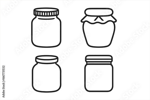 Set of jar line icons. Collection of simple glass jars for jam, honey, or preserves. Vector outline illustration for canning, food storage, or kitchen container concepts.