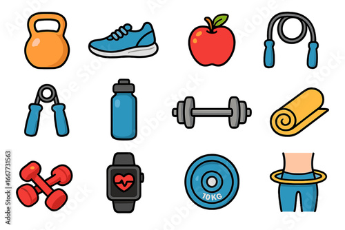 Fitness and exercise equipment icons for healthy lifestyle and workout activities. Vector cartoon set with dumbbell, kettlebell, jump rope, smartwatch, and hula hoop.