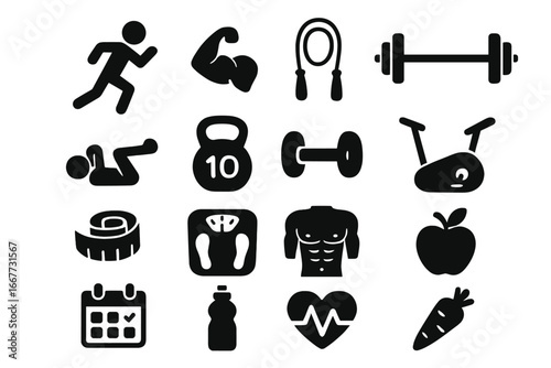 Vector collection of fitness and health web icons. Features exercise and dietary symbols like running, barbell, kettlebell, healthy food, and heartbeat. Gym workout concept.