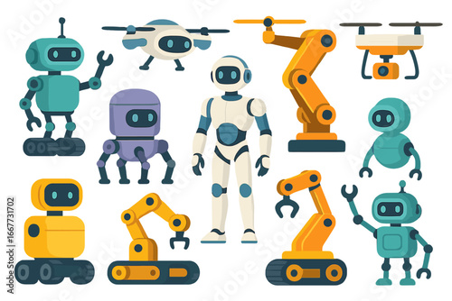 Robot and drone vector set. Collection of cartoon automation technology characters like humanoids, industrial robotic arms, and ai quadcopters for future industry concepts.