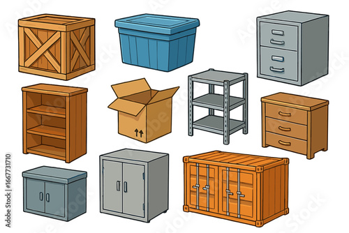 Big vector set of storage containers, furniture, and boxes for moving or logistics. Cartoon icons of crate, bin, cabinet, shelf, dresser, and shipping container for organization.