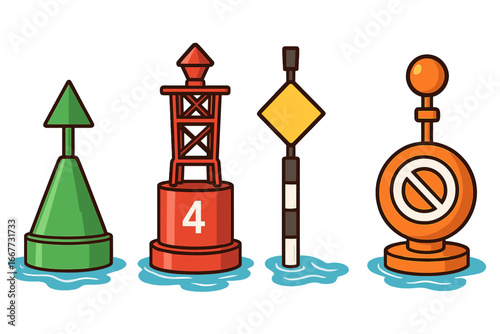 Set of various buoys and markers for sea and river navigation. Vector icons for boat safety. Port and starboard buoys, warning signs and a restricted area marker.