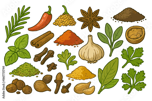 Big vector set of popular culinary spices and herbs. Cartoon drawing of chili, garlic, cinnamon, basil, rosemary, and curry powder. Cooking ingredients for food design.