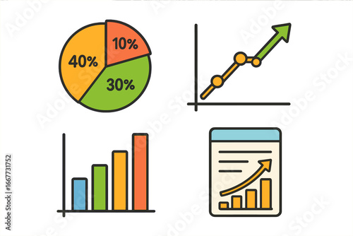 Data visualization vector icon set. Colorful infographic elements for business analytics and reports. Minimalist pie chart, bar graph, and growth trend diagrams for finance.