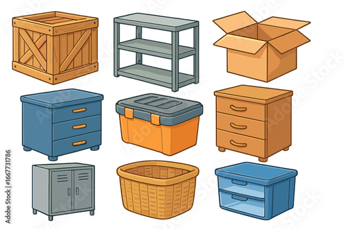 Vector cartoon set of storage containers. Crate, shelf, cardboard box, drawer cabinet, locker, basket, and plastic bin. Household furniture for organizing and moving.