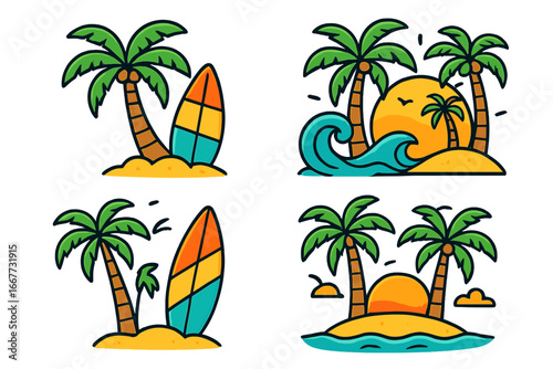 Summer beach cartoon vector set. Tropical island logo collection. Surfboard, palm tree, sun, and ocean wave illustration. Vacation, travel, aloha badge or sticker design.