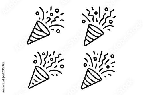 Confetti popper vector icons set. Exploding surprise party cracker. Simple outline illustration for celebration, birthday, anniversary, new year. Festive firework doodle symbol.