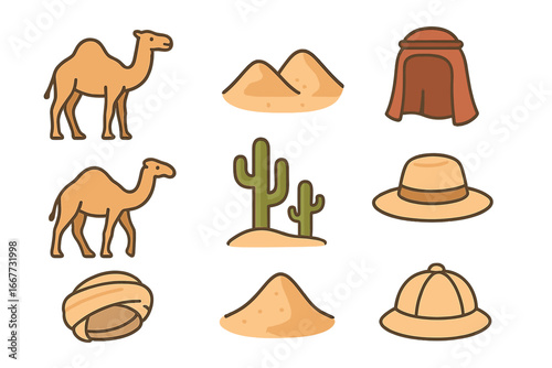 Desert icon set with camel, cactus, sand dune. Egypt travel and safari adventure concept. Arabic headdress, turban, and safari hat. Vector cartoon flat illustration.