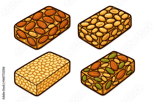 Vector set of protein and granola bars. Healthy snack with nuts, seeds, almonds, peanuts. Isometric food icon for diet, fitness, and nutrition. Cereal energy bar collection.