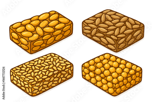 Vector set of granola bars. Isometric protein and energy snacks with nuts and seeds. Healthy food collection illustration. Cereal, nut, and seed muesli bars for fitness.
