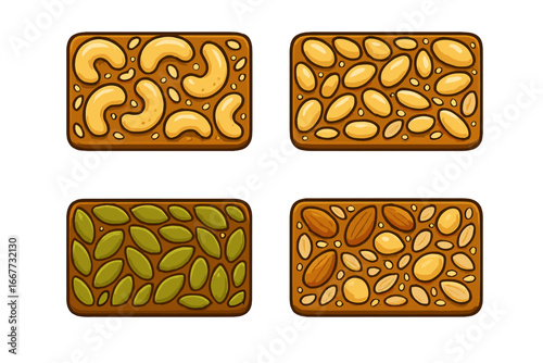 Granola bar vector set. Healthy snack with nuts and seeds. Cashew, almond, pumpkin seed, mixed nut protein bars. Energy food diet cartoon illustration collection.