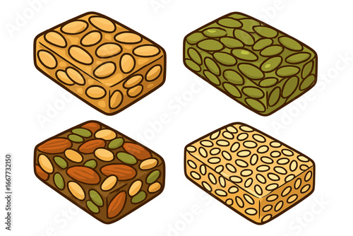 Set of cartoon granola bars with nuts and seeds. Healthy energy protein snack food. Vector illustration of muesli, nut, and seed bars. Isometric dessert collection.