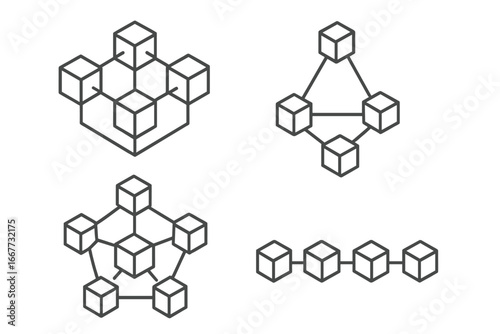 Blockchain network technology concept. Geometric cubes connection set. Abstract data block, crypto node, and distributed database structure. Minimalist vector line icon pack.