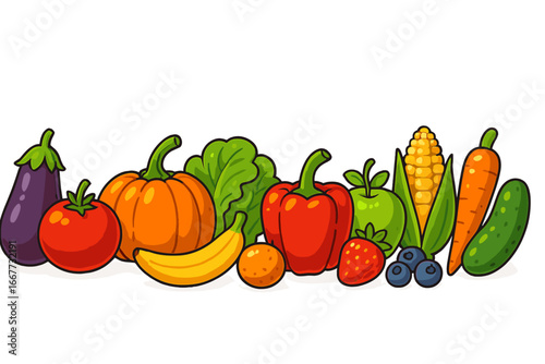 Healthy food vector border with fresh fruits and vegetables. Organic harvest cartoon set with apple, carrot, tomato. Vegan diet grocery composition. Isolated produce row.