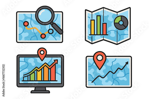 Data visualization icon set for business analytics and market research. Geographic information system (GIS) with maps, charts, and graphs for financial reports and statistics.