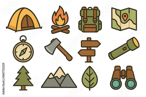 Outdoor adventure and camping icon set. Vector collection of hiking, nature, and exploration symbols. Minimalist cartoon graphics for travel, tourism, and recreation.