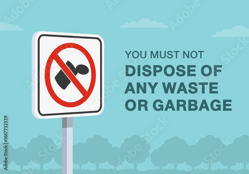 Safe driving tips and traffic regulation rules. Close-up of canadian "no littering" sign meaning. You must not dispose of any waste or garbage. Flat vector illustration template.