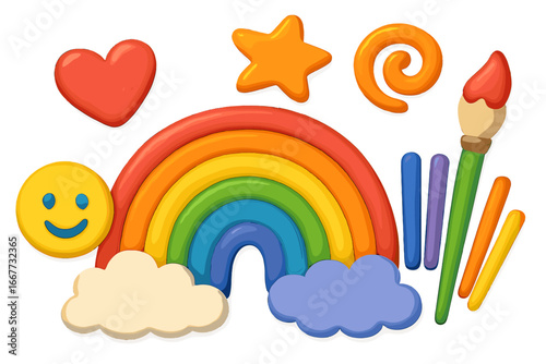 Clay plasticine 3D shapes set. Cute rainbow, heart, star, and smiley face. Children art and craft concept. Creative hobby and education icons. Vector cartoon illustration.